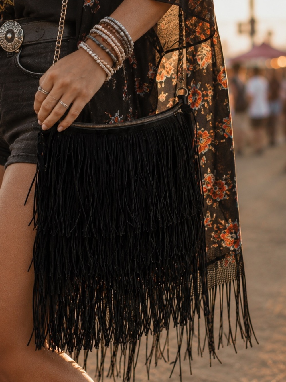 Black Fringe Crossbody Bag - Chain Strap